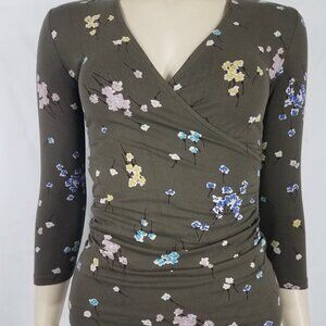 Boden green white floral V-Neck faux wrap blouse shirt ladies size 2 Petite